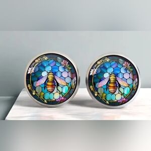 colorful earrings stud statement Blue Yellow Stained Glass Bee Mosaic Clueless